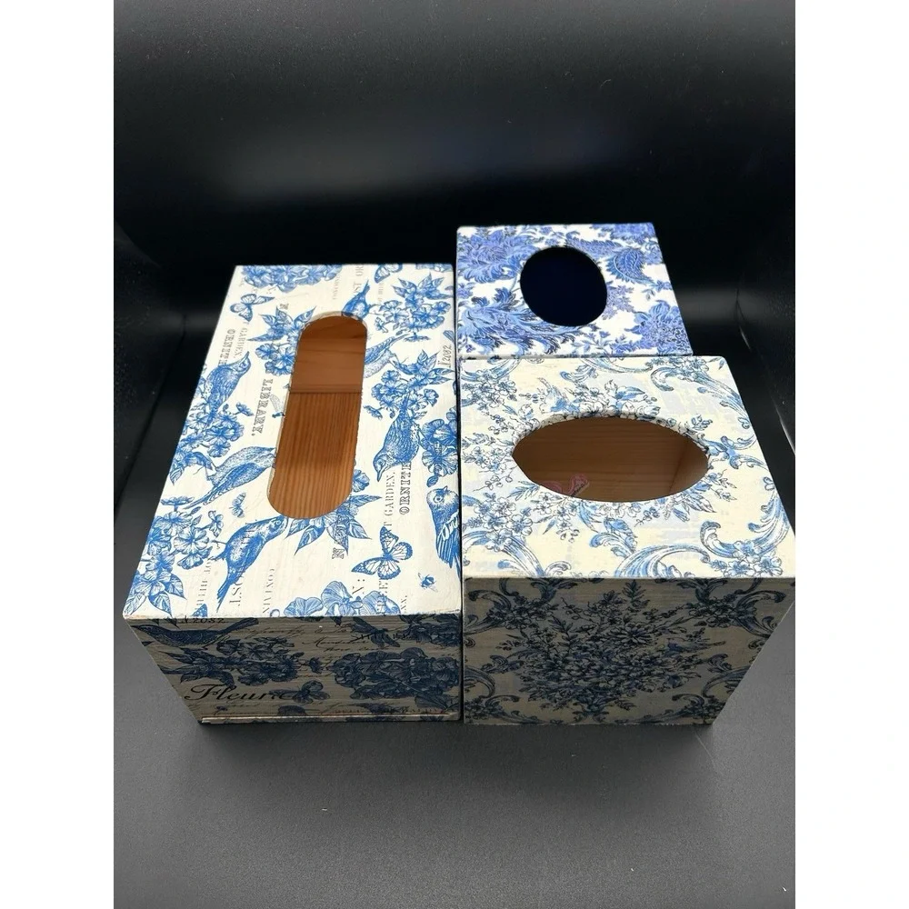 Lot Of 3 Tissue Box Covers Blue And White Chinoiserie Floral And Bird 2 Wooden